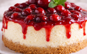 Delicious cherry cheesecake at home with creamy filling and cherry topping