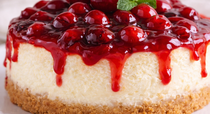 Delicious cherry cheesecake at home with creamy filling and cherry topping