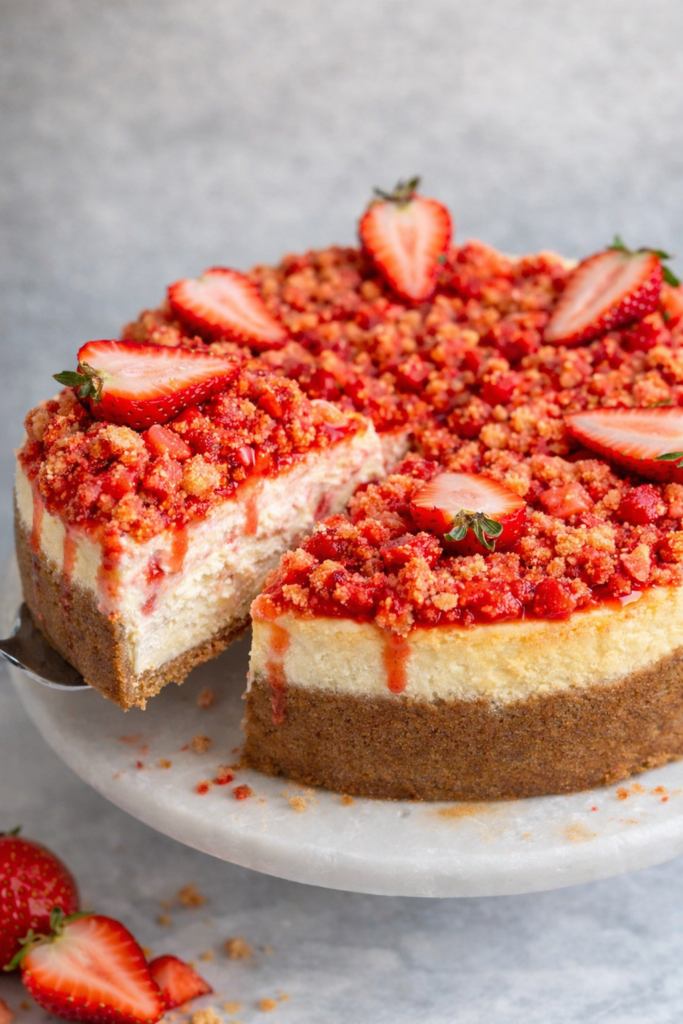 Strawberry crunch cheesecake slice with creamy layers and crunchy topping