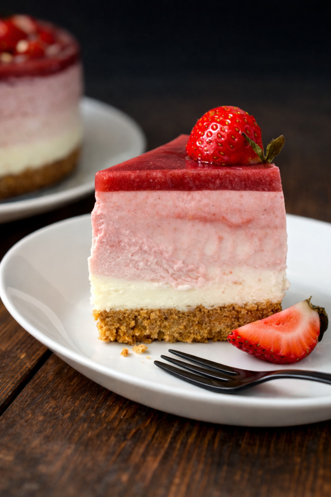 No-bake strawberry crunch cheesecake served on a plate