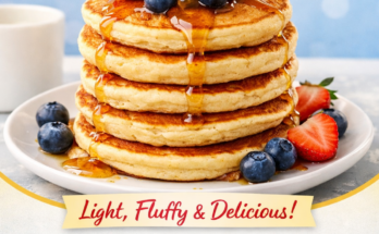 Fluffy pancakes stacked high with soft and airy texture