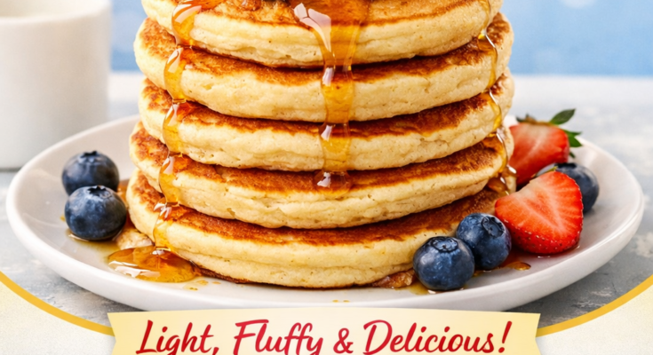 Fluffy pancakes stacked high with soft and airy texture