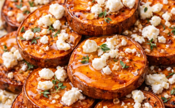 Sweet potato round appetizers topped with feta, herbs, nuts, and cranberries on a serving board.