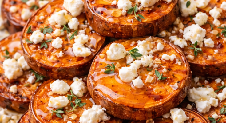 Sweet potato round appetizers topped with feta, herbs, nuts, and cranberries on a serving board.