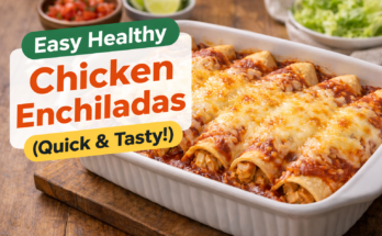 Easy healthy chicken enchiladas baked with melted cheese and red sauce