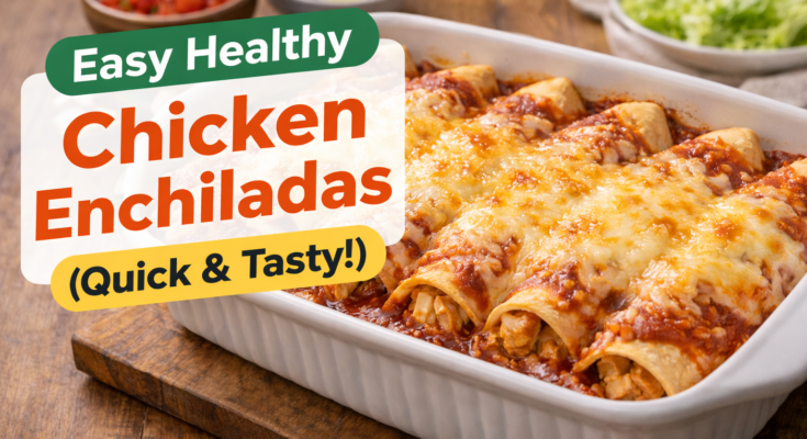Easy healthy chicken enchiladas baked with melted cheese and red sauce